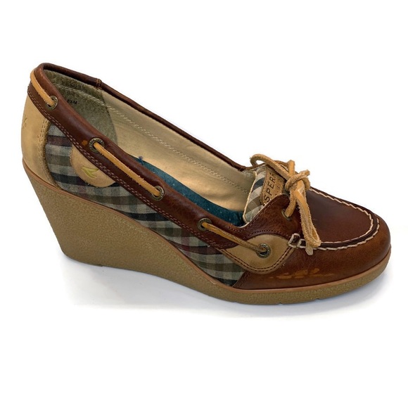 Sperry Top-Sider Wedge Heels 'Goldfish' Blue Plaid - Picture 1 of 8